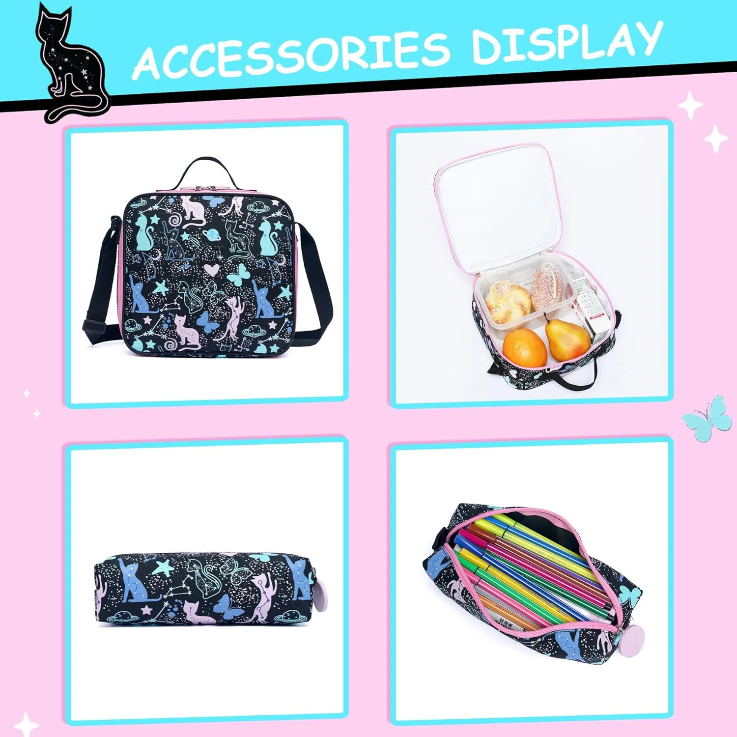Meetbelify Cute Black Cat Rolling Backpack for Girls Backpacks with Wheels for Elementary Students Kids 3 in 1 Carry on Travel Luggage Suitcase with Lunch Box for Girls Age 8-10