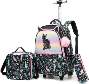 Meetbelify Cute Black Cat Rolling Backpack for Girls Backpacks with Wheels for Elementary Students Kids 3 in 1 Carry on Travel Luggage Suitcase with Lunch Box for Girls Age 8-10