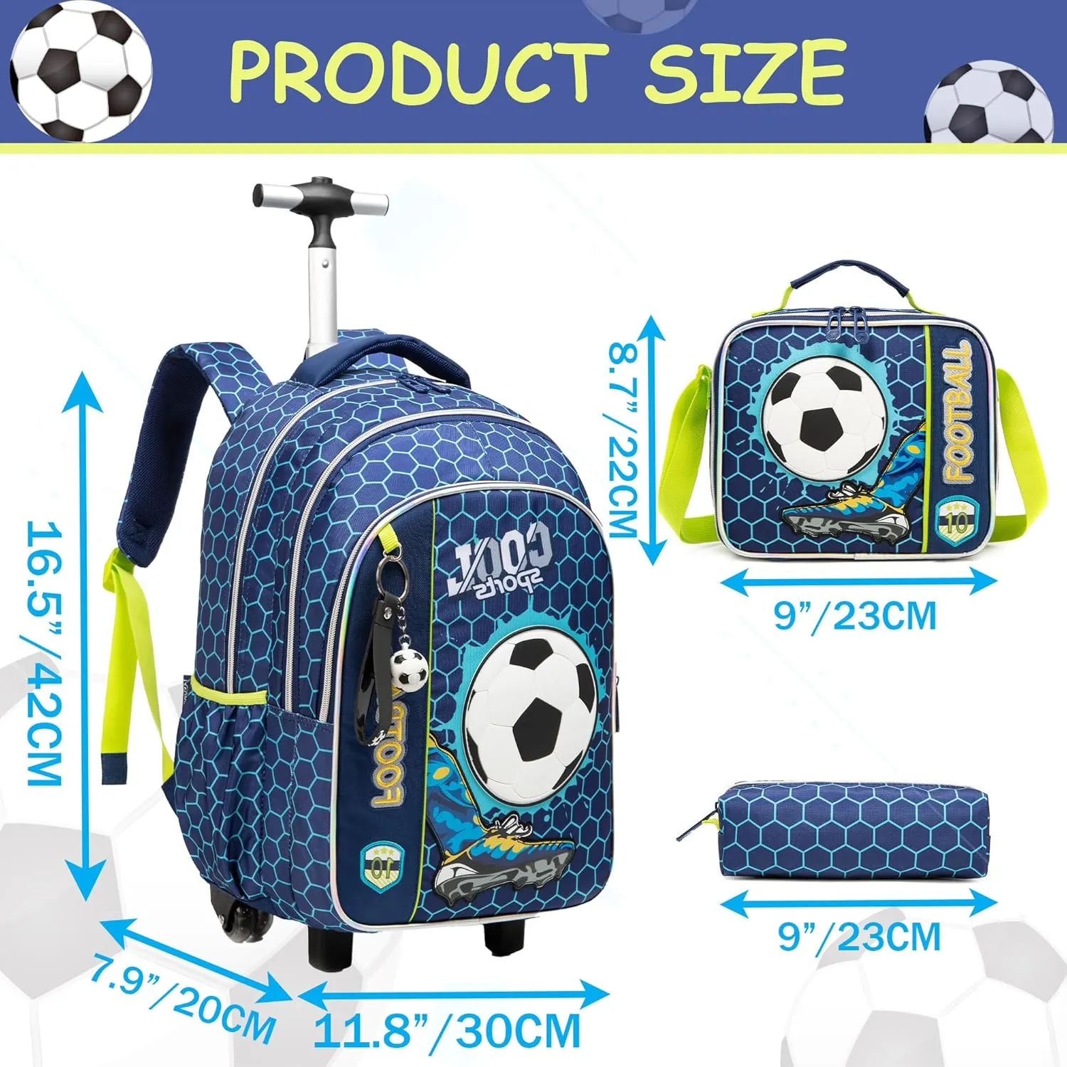 Meetbelify Football Rolling Backpack for Boys 3 in 1 Backpacks with Wheels Kids Suitcase for Boys Travel Luggage with Lunch Box Pencil Case for Elementary Students Back to School Supplies