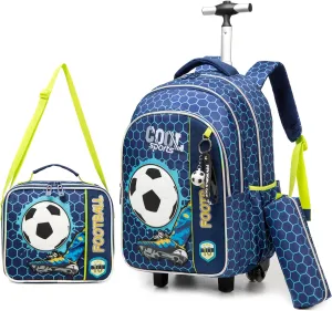 Meetbelify Football Rolling Backpack for Boys 3 in 1 Backpacks with Wheels Kids Suitcase for Boys Travel Luggage with Lunch Box Pencil Case for Elementary Students Back to School Supplies
