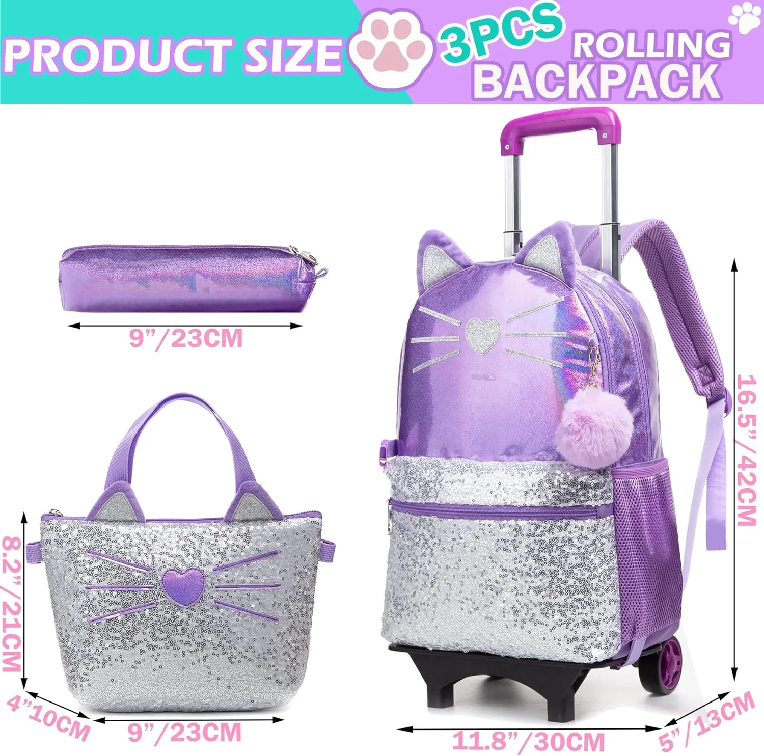 Meetbelify Girls Rolling Backpack Sequin Rolling Backpacks with Wheels for Girls for Elementary School Bag
