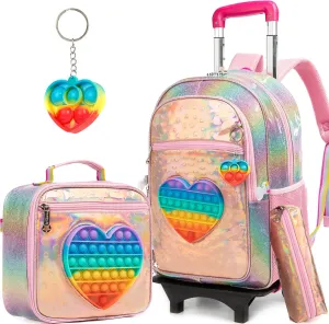 Meetbelify Girls Rolling Backpack Sequin Rolling Backpacks with Wheels for Girls for Elementary School Bag