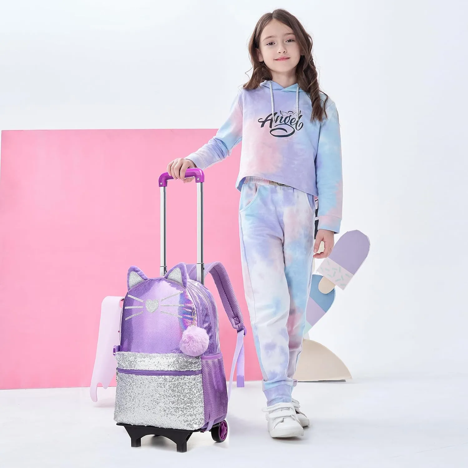 Meetbelify Girls Rolling Backpack Sequin Rolling Backpacks with Wheels for Girls for Elementary School Bag
