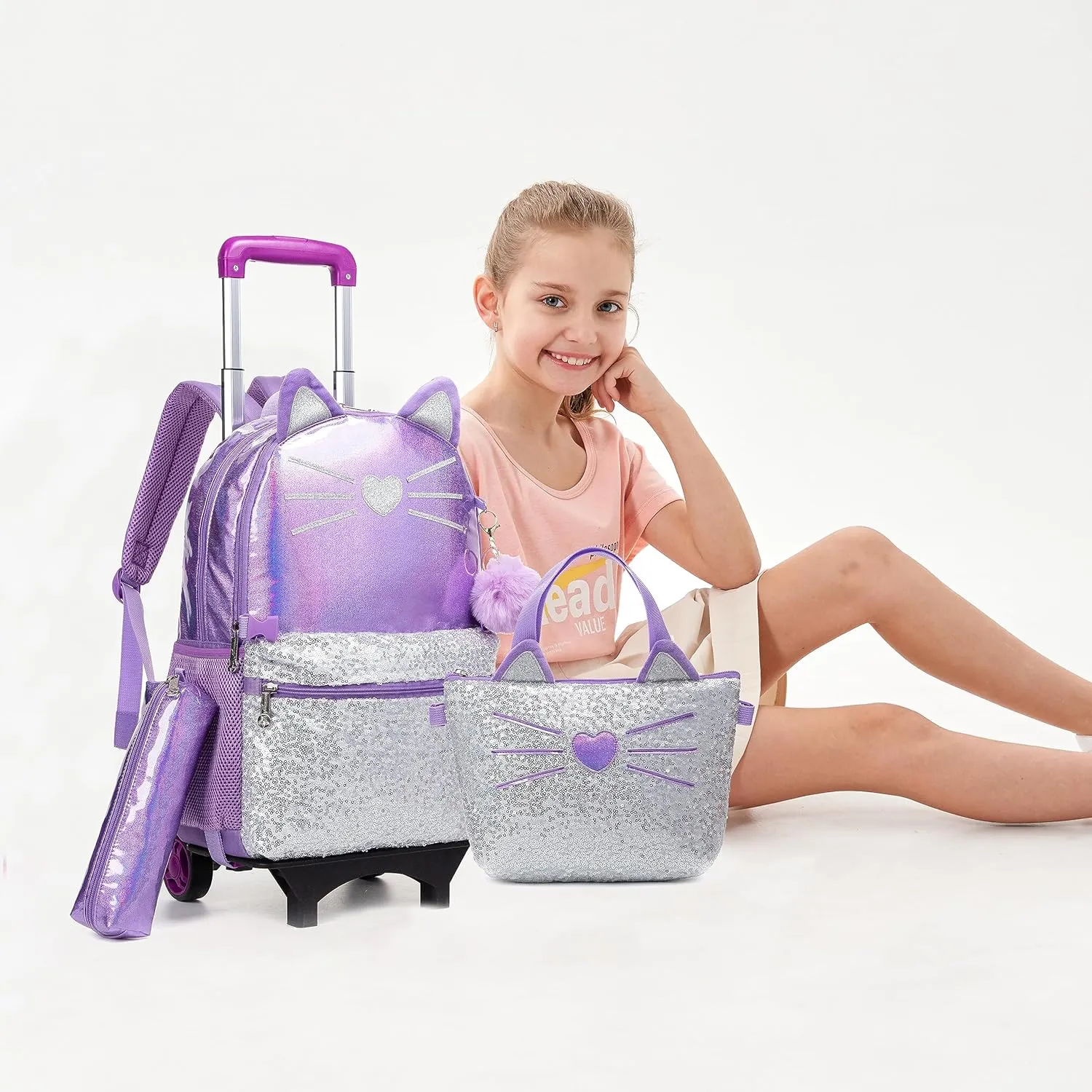Meetbelify Girls Rolling Backpack Sequin Rolling Backpacks with Wheels for Girls for Elementary School Bag