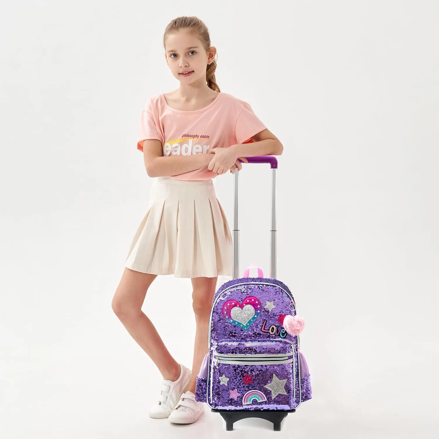 Meetbelify Girls Rolling Backpack Sequin Rolling Backpacks with Wheels for Girls for Elementary School Bag
