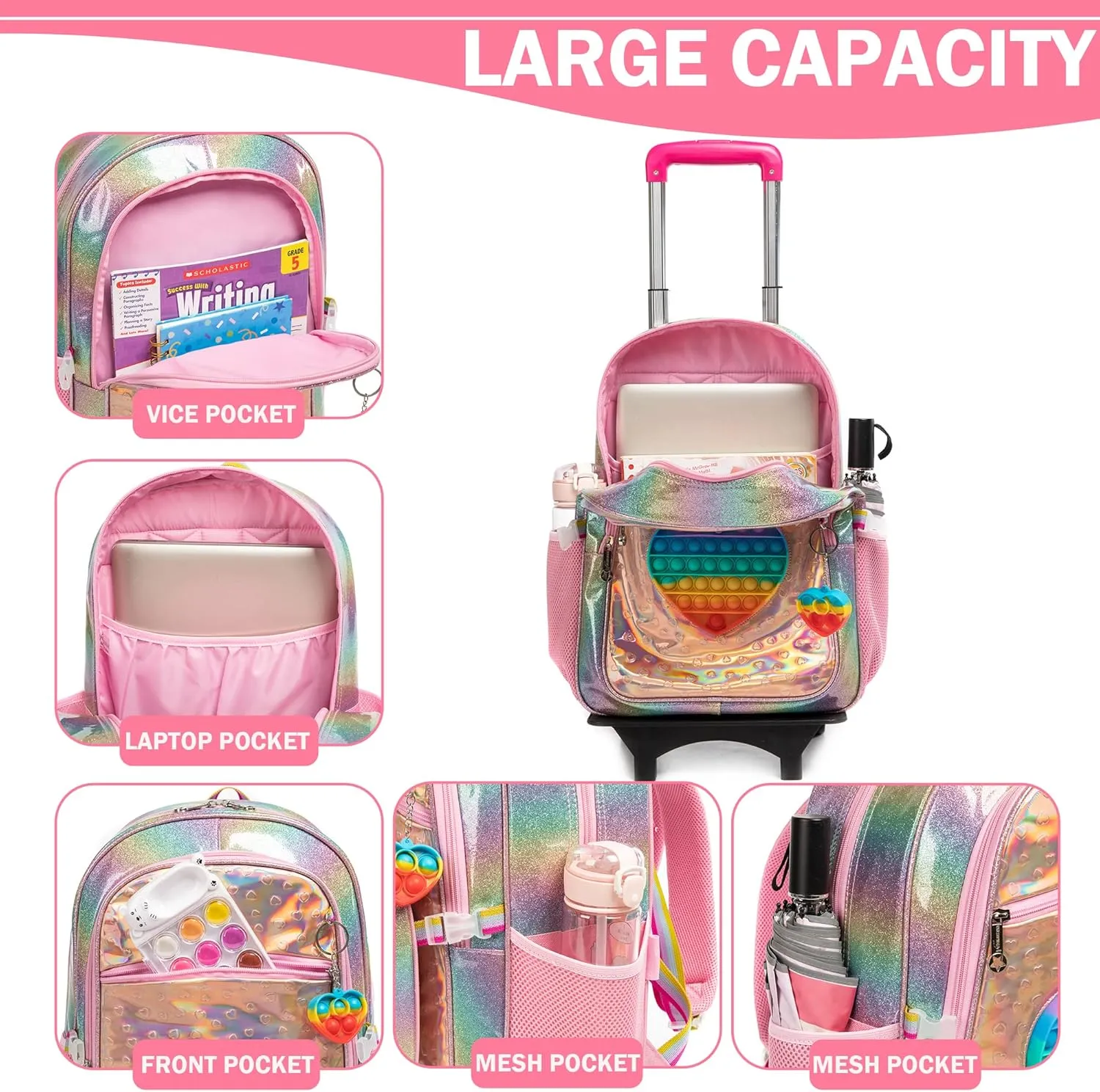 Meetbelify Girls Rolling Backpack Sequin Rolling Backpacks with Wheels for Girls for Elementary School Bag