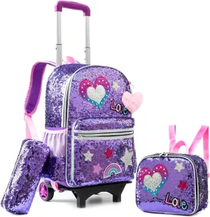 Meetbelify Girls Rolling Backpack Sequin Rolling Backpacks with Wheels for Girls for Elementary School Bag