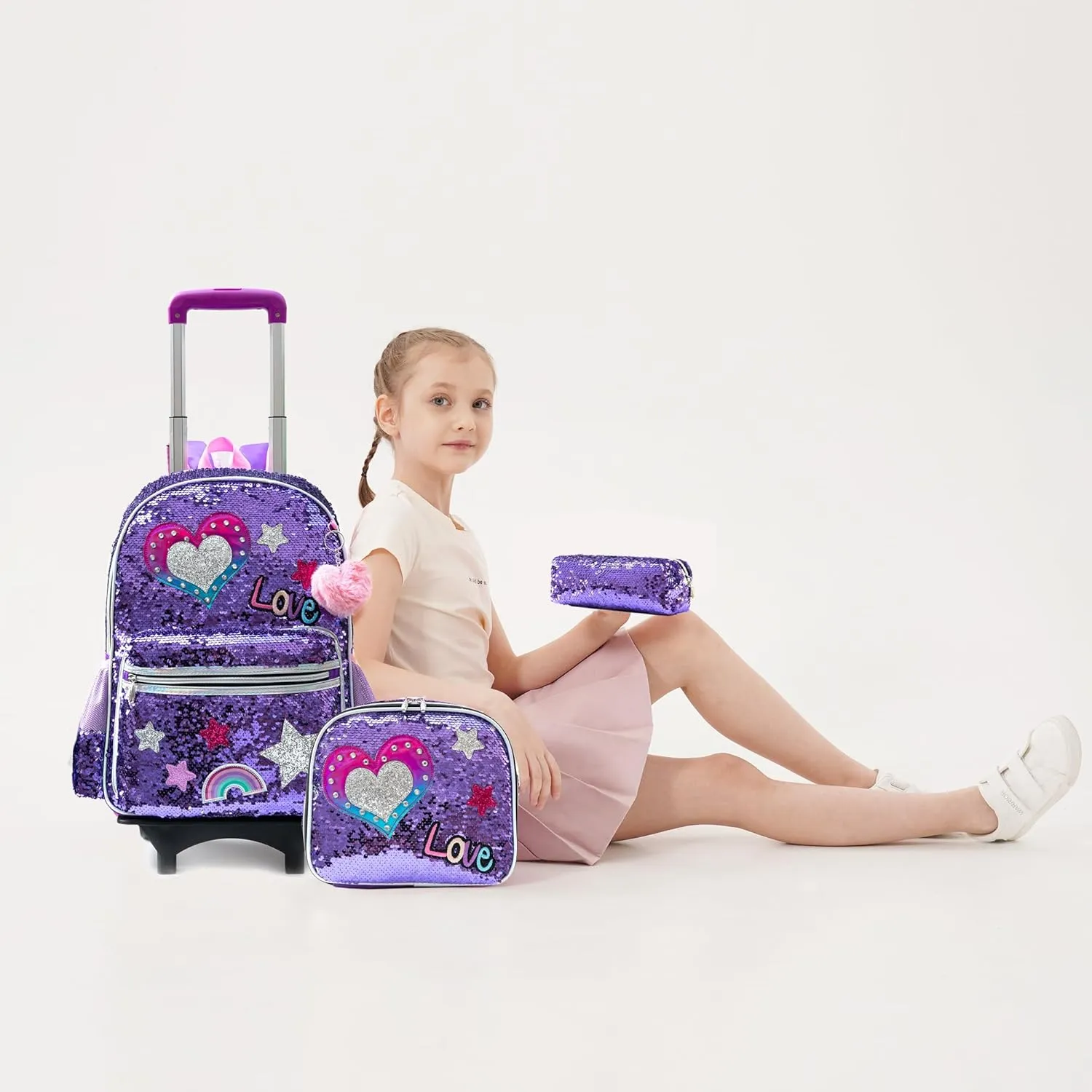 Meetbelify Girls Rolling Backpack Sequin Rolling Backpacks with Wheels for Girls for Elementary School Bag