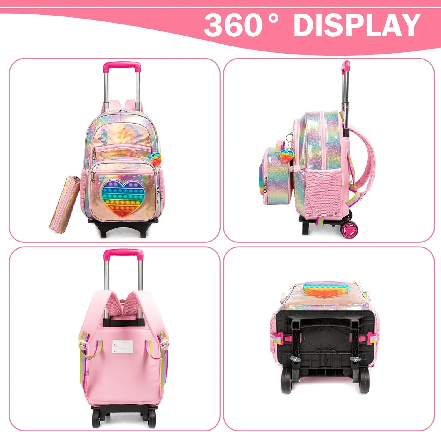 Meetbelify Girls Rolling Backpack Sequin Rolling Backpacks with Wheels for Girls for Elementary School Bag