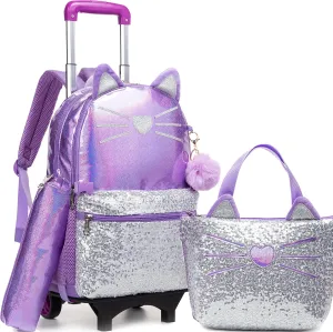 Meetbelify Girls Rolling Backpack Sequin Rolling Backpacks with Wheels for Girls for Elementary School Bag