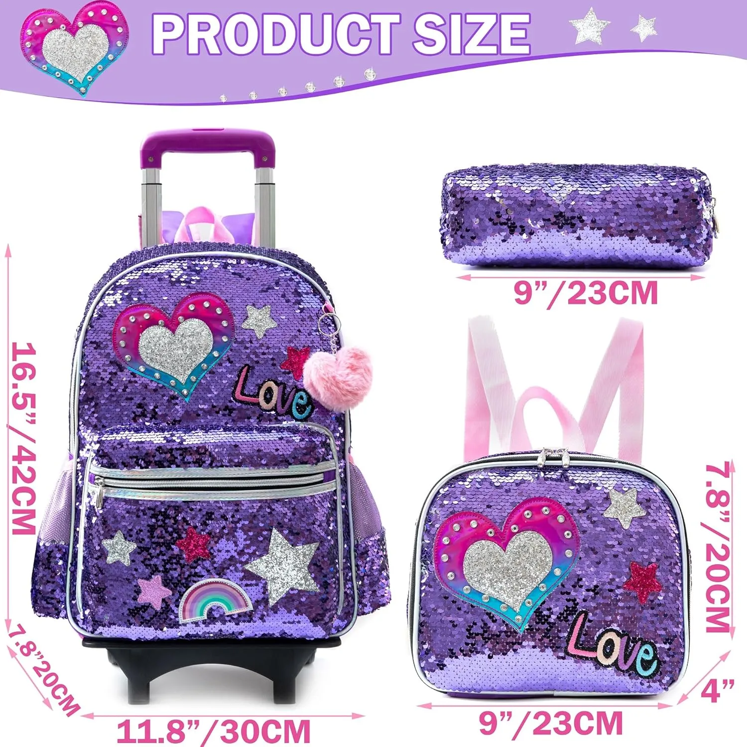 Meetbelify Girls Rolling Backpack Sequin Rolling Backpacks with Wheels for Girls for Elementary School Bag