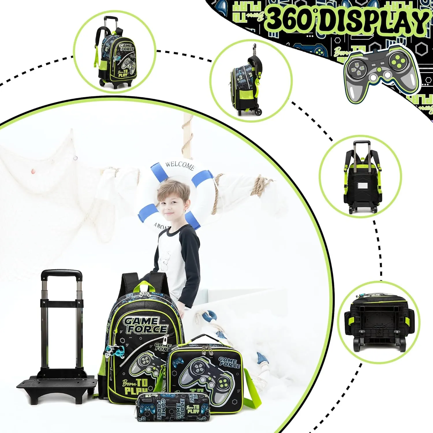 Meetbelify Kids Backpacks with Wheels for Boys Football Rolling Backpack with Lunch Box for Elementary Students Trip Luggage for Boys Ages 6-8