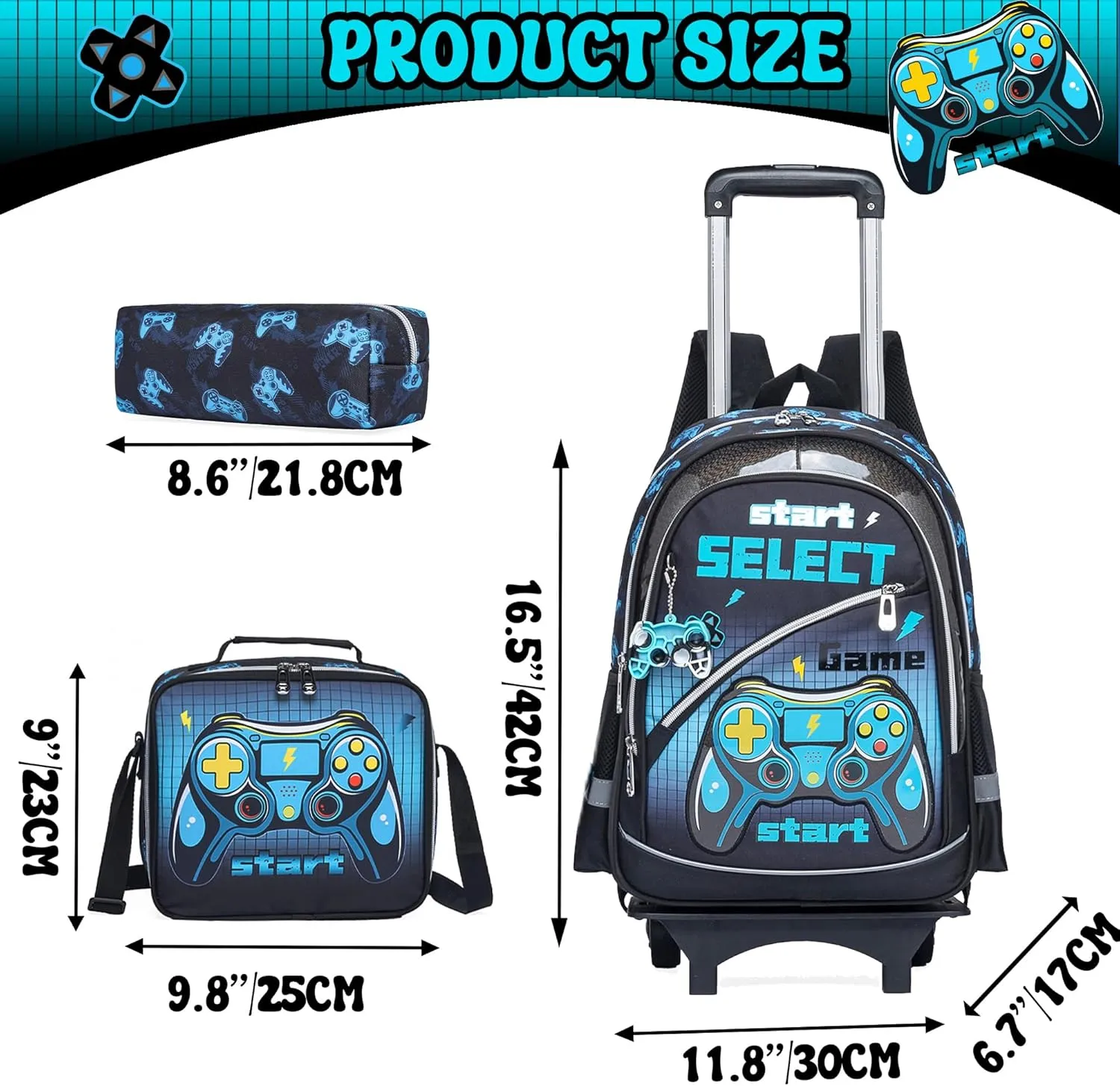 Meetbelify Kids Backpacks with Wheels for Boys Football Rolling Backpack with Lunch Box for Elementary Students Trip Luggage for Boys Ages 6-8