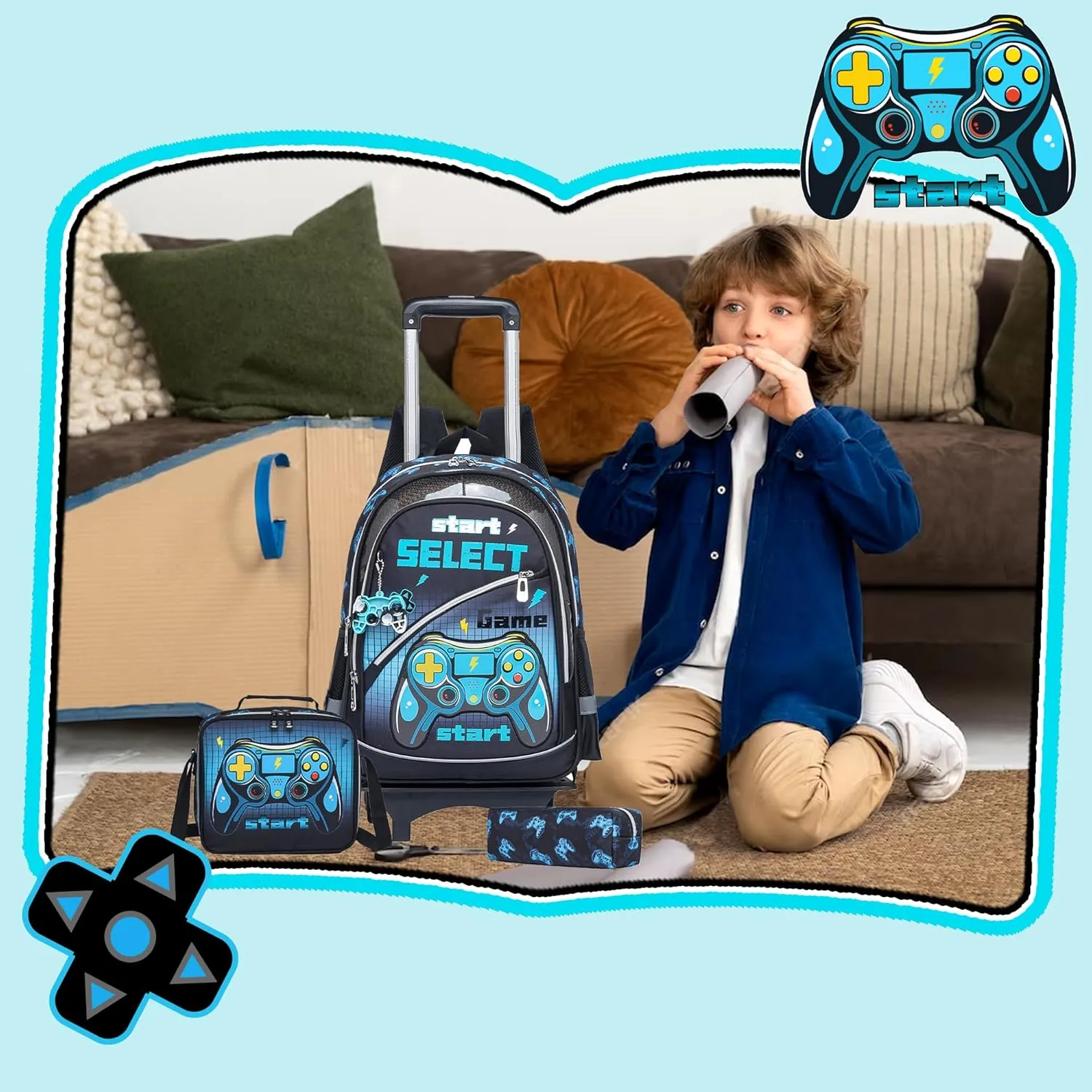 Meetbelify Kids Backpacks with Wheels for Boys Football Rolling Backpack with Lunch Box for Elementary Students Trip Luggage for Boys Ages 6-8