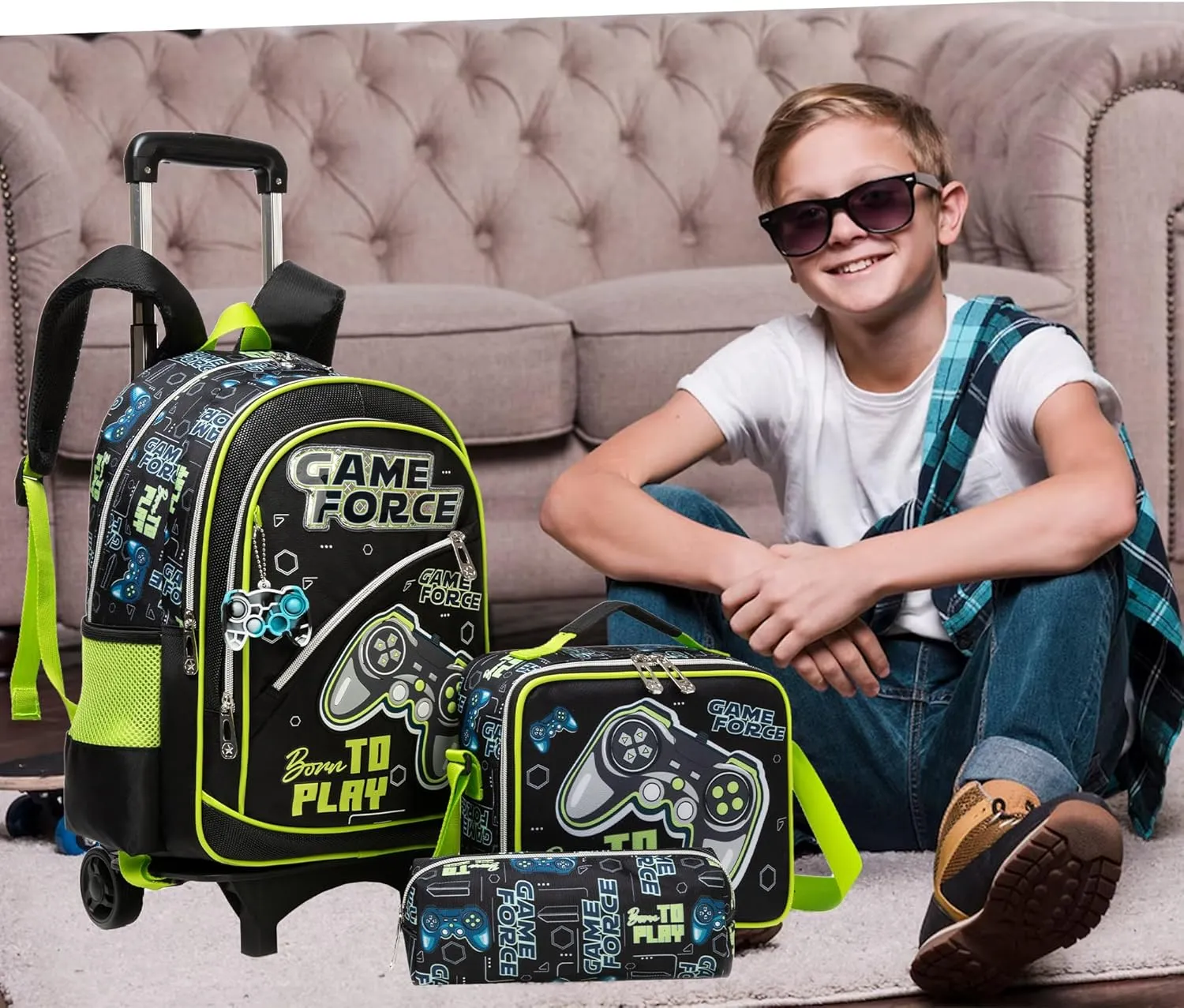 Meetbelify Kids Backpacks with Wheels for Boys Football Rolling Backpack with Lunch Box for Elementary Students Trip Luggage for Boys Ages 6-8
