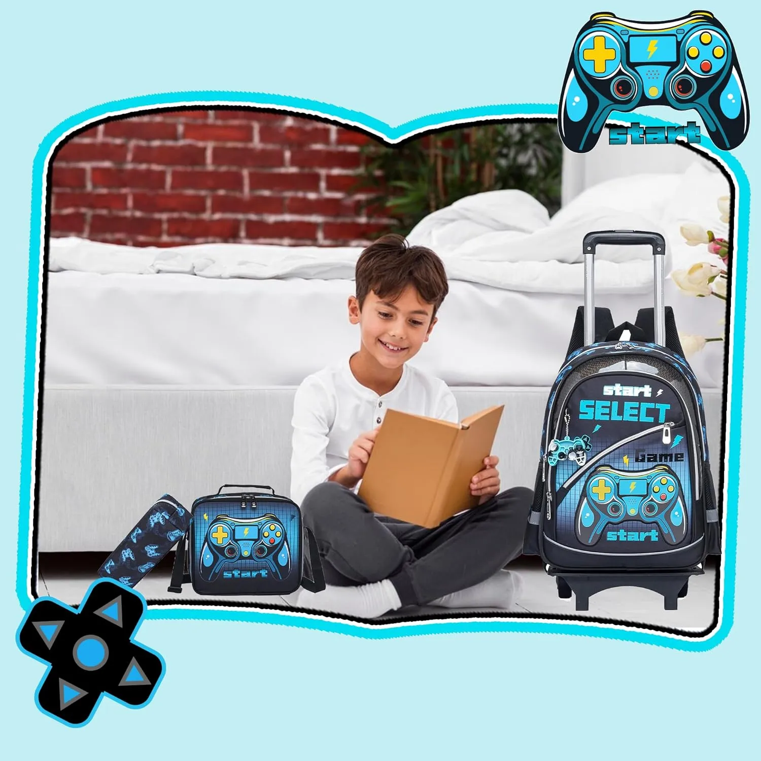 Meetbelify Kids Backpacks with Wheels for Boys Football Rolling Backpack with Lunch Box for Elementary Students Trip Luggage for Boys Ages 6-8