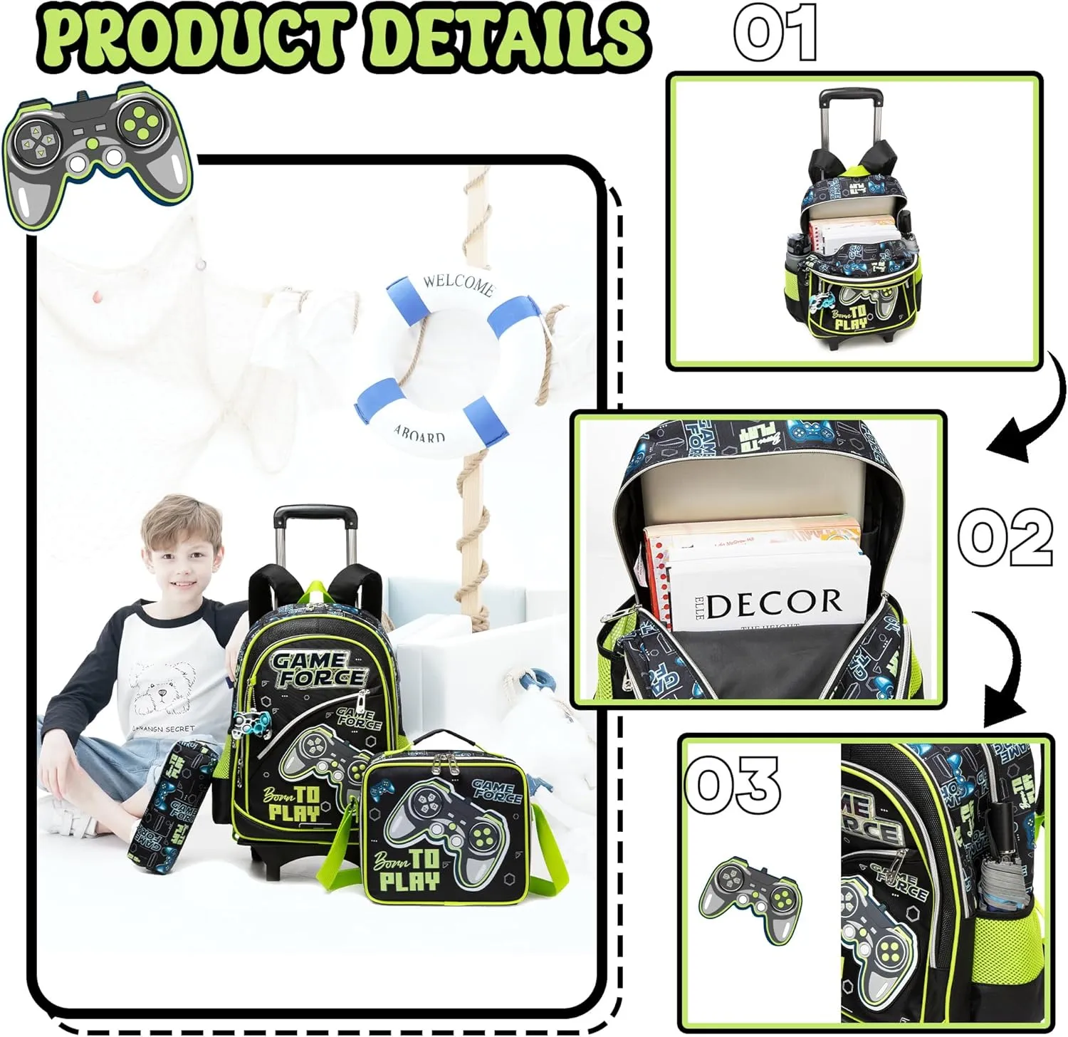 Meetbelify Kids Backpacks with Wheels for Boys Football Rolling Backpack with Lunch Box for Elementary Students Trip Luggage for Boys Ages 6-8