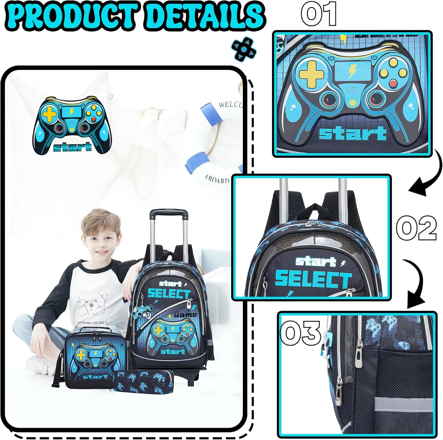 Meetbelify Kids Backpacks with Wheels for Boys Football Rolling Backpack with Lunch Box for Elementary Students Trip Luggage for Boys Ages 6-8