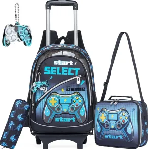 Meetbelify Kids Backpacks with Wheels for Boys Football Rolling Backpack with Lunch Box for Elementary Students Trip Luggage for Boys Ages 6-8