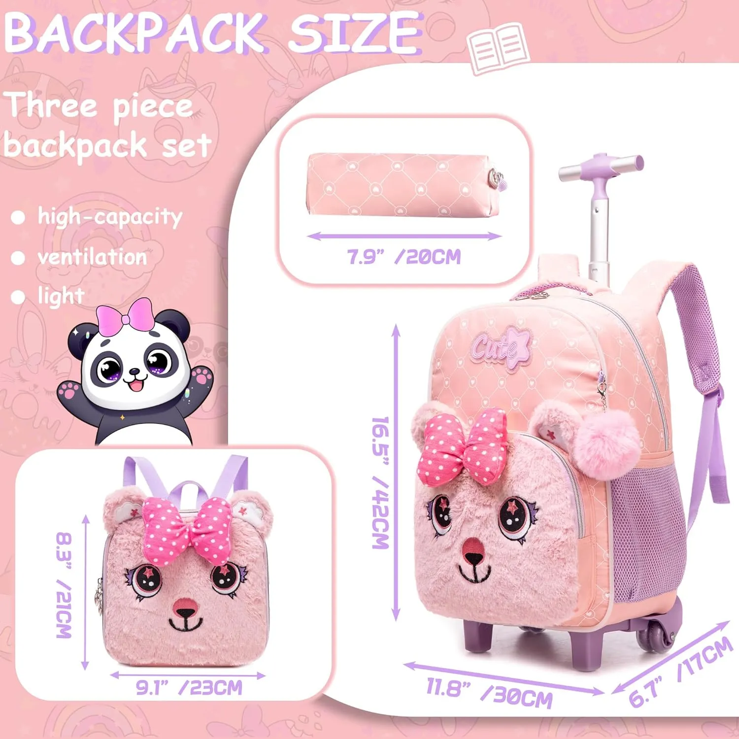 Meetbelify Kids Backpacks with Wheels for Girls Rolling Backpack with Lunch Box for Elementary Preschool Students Travel Suitcase Trip Luggage for Girls Ages 6-8