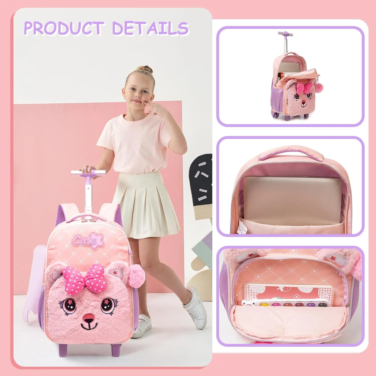 Meetbelify Kids Backpacks with Wheels for Girls Rolling Backpack with Lunch Box for Elementary Preschool Students Travel Suitcase Trip Luggage for Girls Ages 6-8