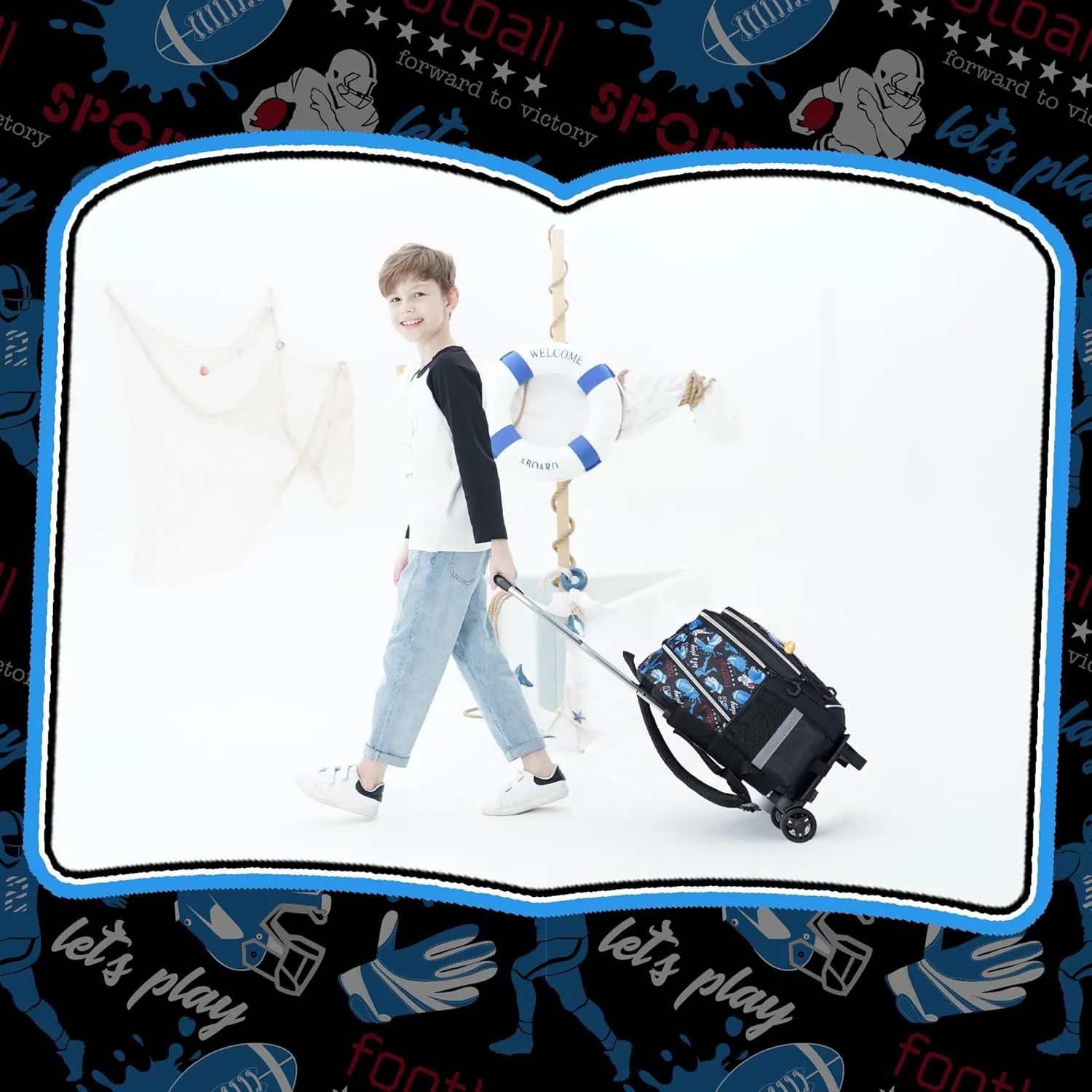 Meetbelify Kids Football Backpacks with Wheels for Boys Football Rolling Backpack with Lunch Box for Elementary Students Black Trip Luggage for Boys Ages 6-8