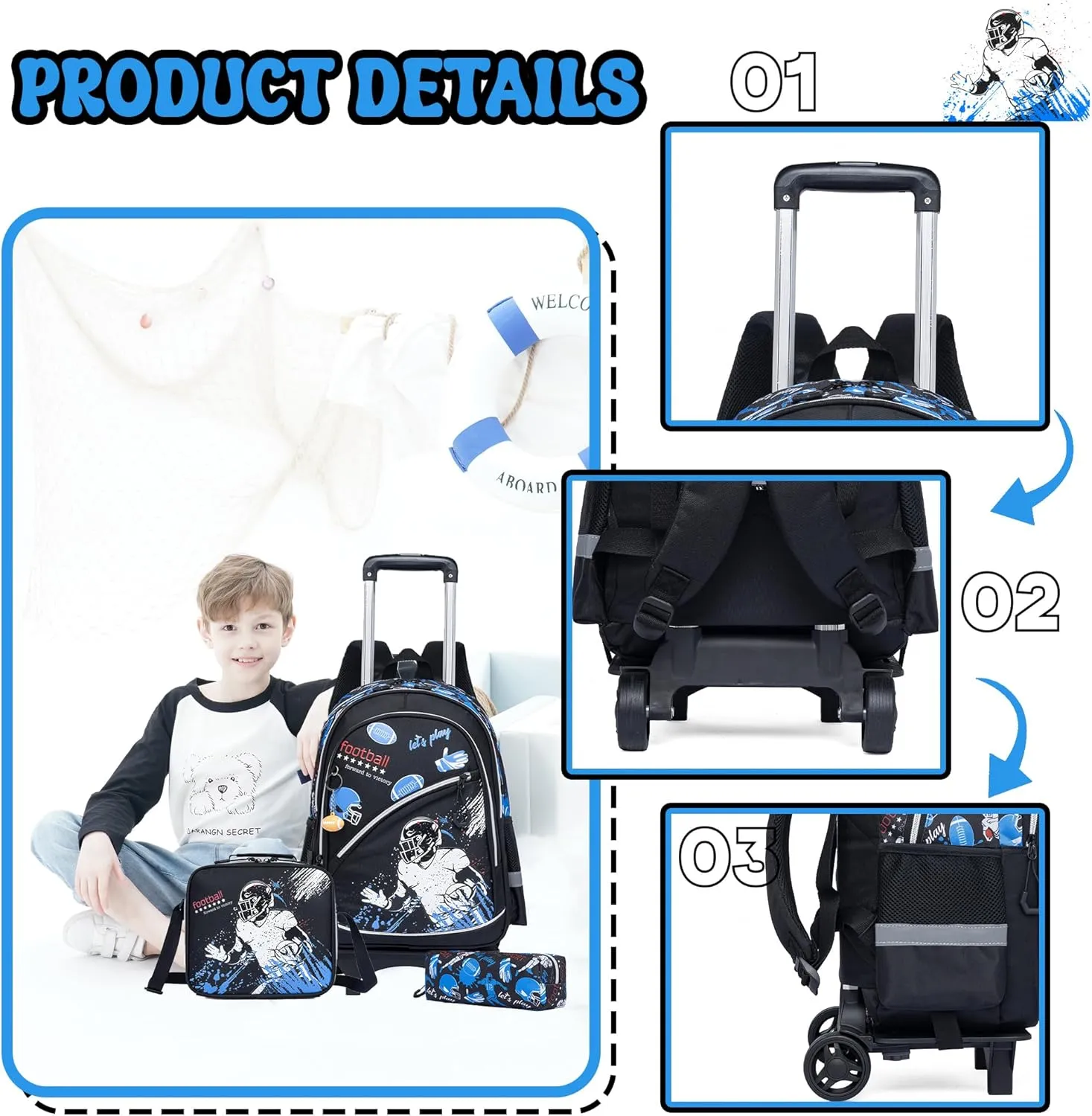 Meetbelify Kids Football Backpacks with Wheels for Boys Football Rolling Backpack with Lunch Box for Elementary Students Black Trip Luggage for Boys Ages 6-8