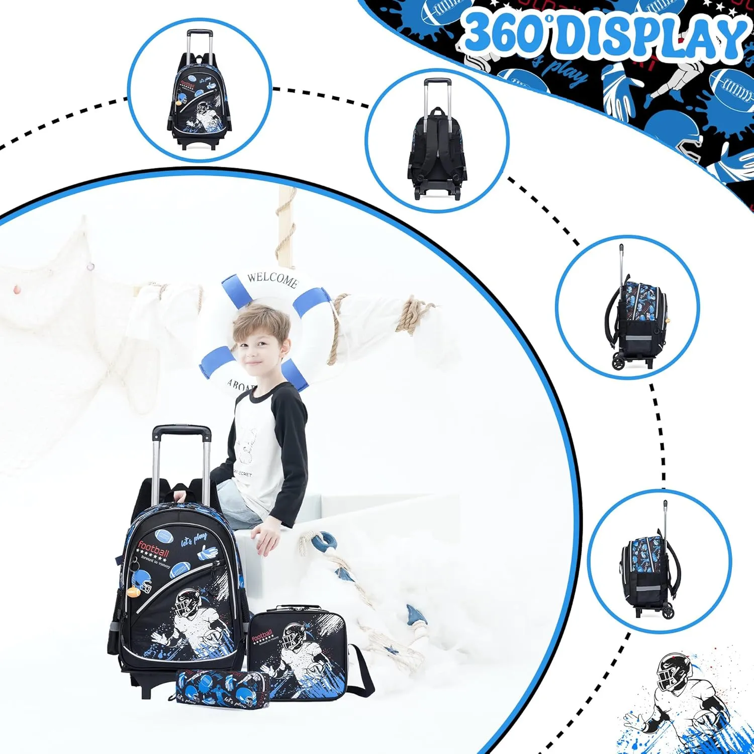 Meetbelify Kids Football Backpacks with Wheels for Boys Football Rolling Backpack with Lunch Box for Elementary Students Black Trip Luggage for Boys Ages 6-8