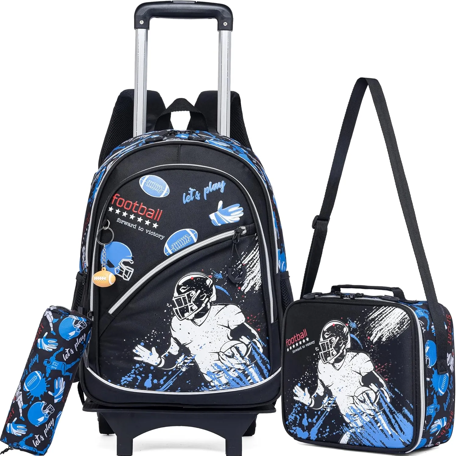 Meetbelify Kids Football Backpacks with Wheels for Boys Football Rolling Backpack with Lunch Box for Elementary Students Black Trip Luggage for Boys Ages 6-8