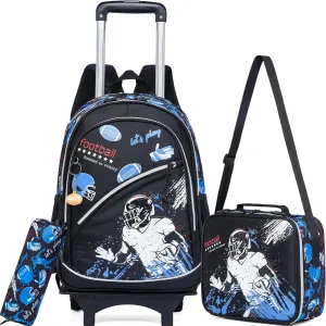 Meetbelify Kids Football Backpacks with Wheels for Boys Football Rolling Backpack with Lunch Box for Elementary Students Black Trip Luggage for Boys Ages 6-8