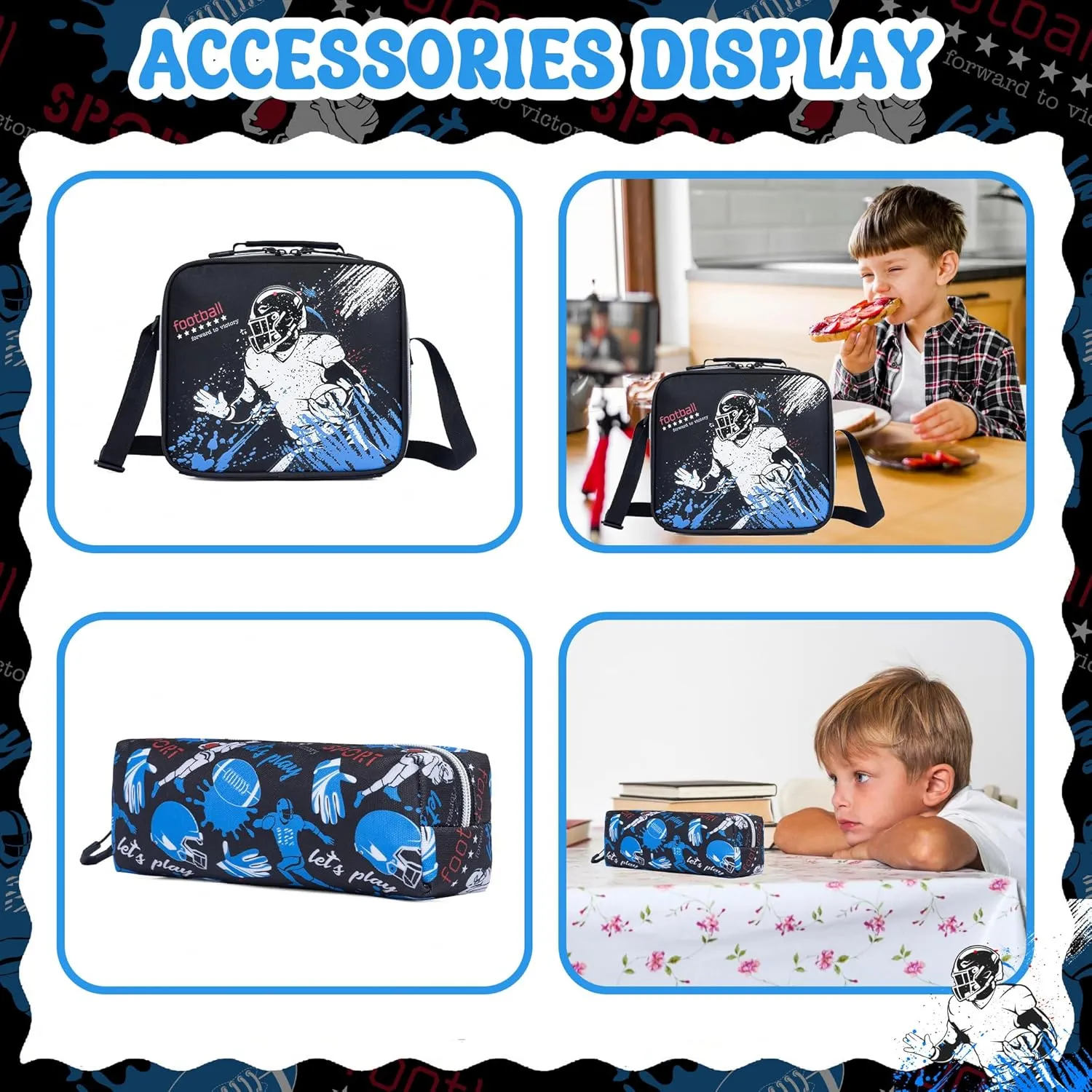 Meetbelify Kids Football Backpacks with Wheels for Boys Football Rolling Backpack with Lunch Box for Elementary Students Black Trip Luggage for Boys Ages 6-8