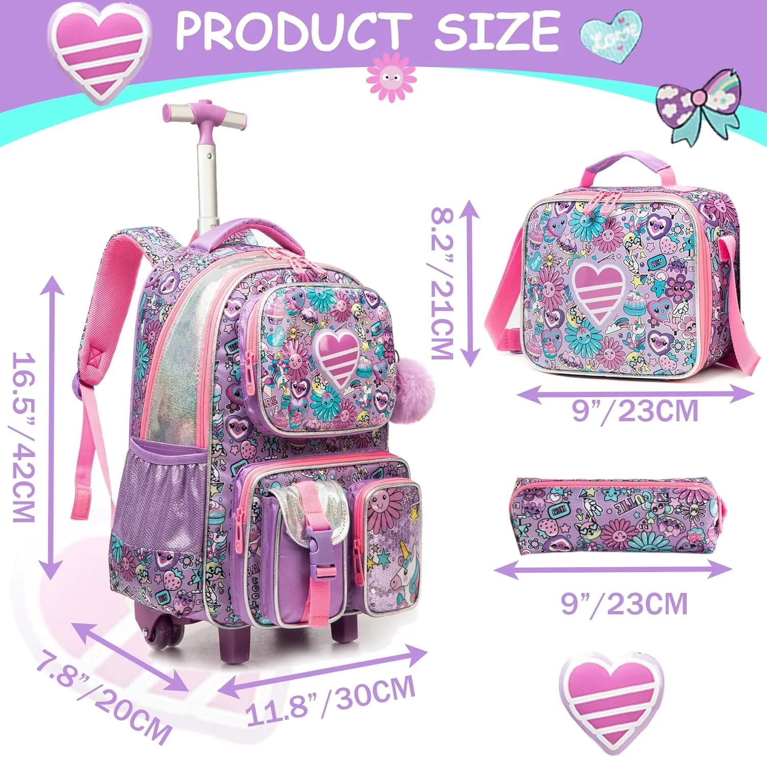Meetbelify Kids Rolling Backpack with Wheels for Girls Rolling Backpacks with Lunch Box for Elementary School Students 3 in 1 Travel Luggage Suitcase for Girls Age 8-10