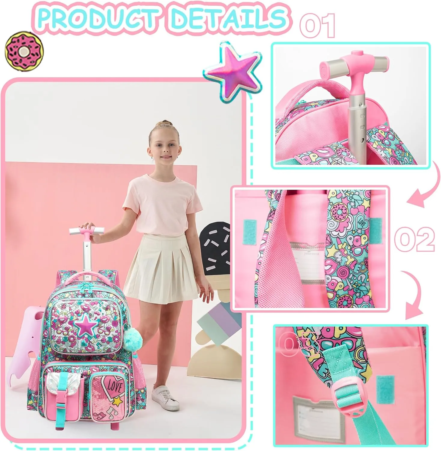 Meetbelify Kids Rolling Backpack with Wheels for Girls Rolling Backpacks with Lunch Box for Elementary School Students 3 in 1 Travel Luggage Suitcase for Girls Age 8-10