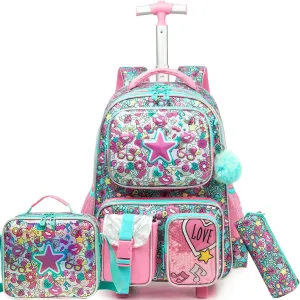 Meetbelify Kids Rolling Backpack with Wheels for Girls Rolling Backpacks with Lunch Box for Elementary School Students 3 in 1 Travel Luggage Suitcase for Girls Age 8-10