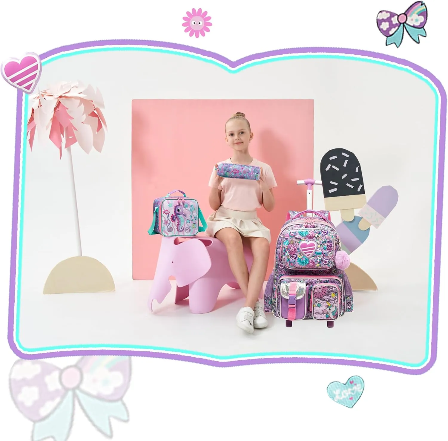 Meetbelify Kids Rolling Backpack with Wheels for Girls Rolling Backpacks with Lunch Box for Elementary School Students 3 in 1 Travel Luggage Suitcase for Girls Age 8-10