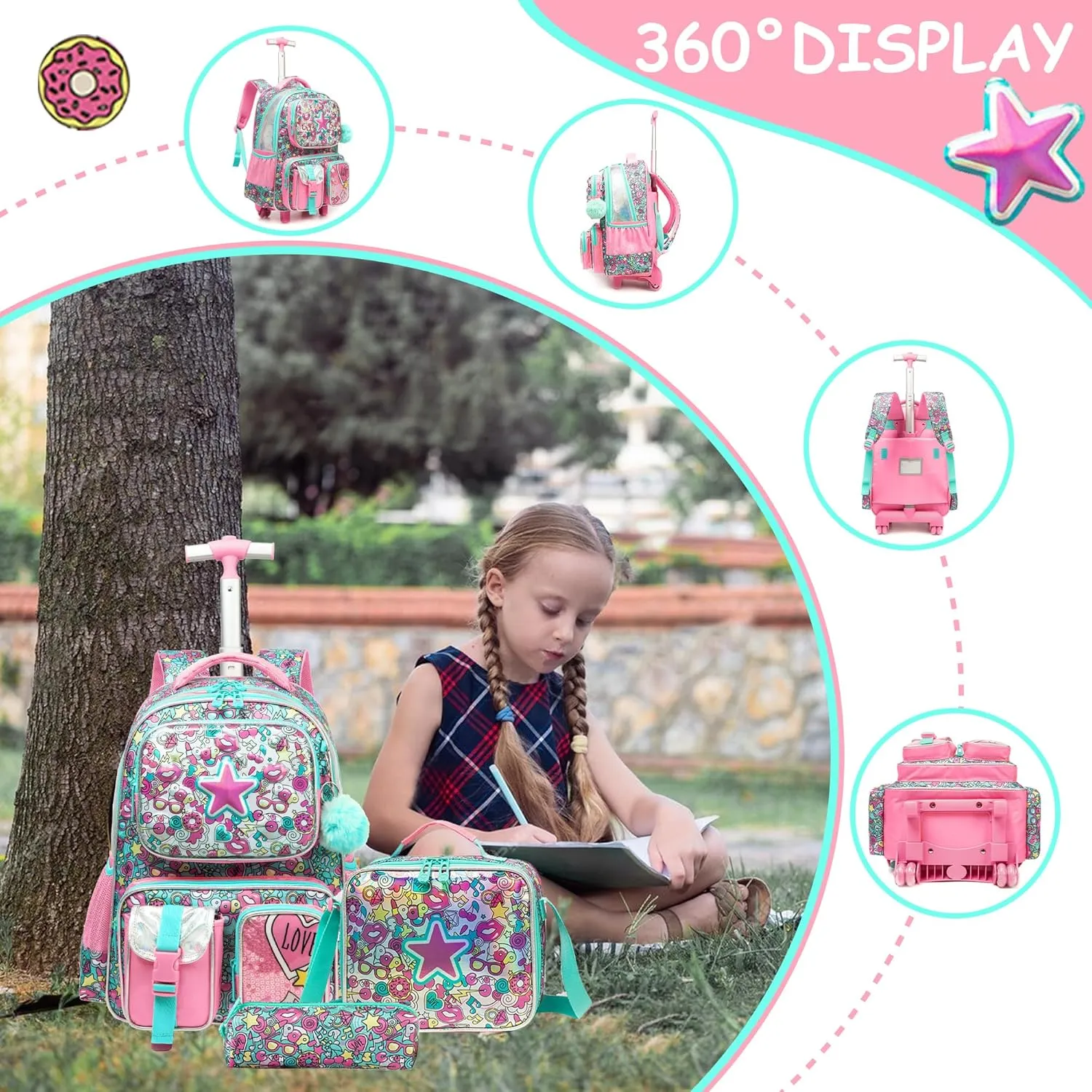 Meetbelify Kids Rolling Backpack with Wheels for Girls Rolling Backpacks with Lunch Box for Elementary School Students 3 in 1 Travel Luggage Suitcase for Girls Age 8-10