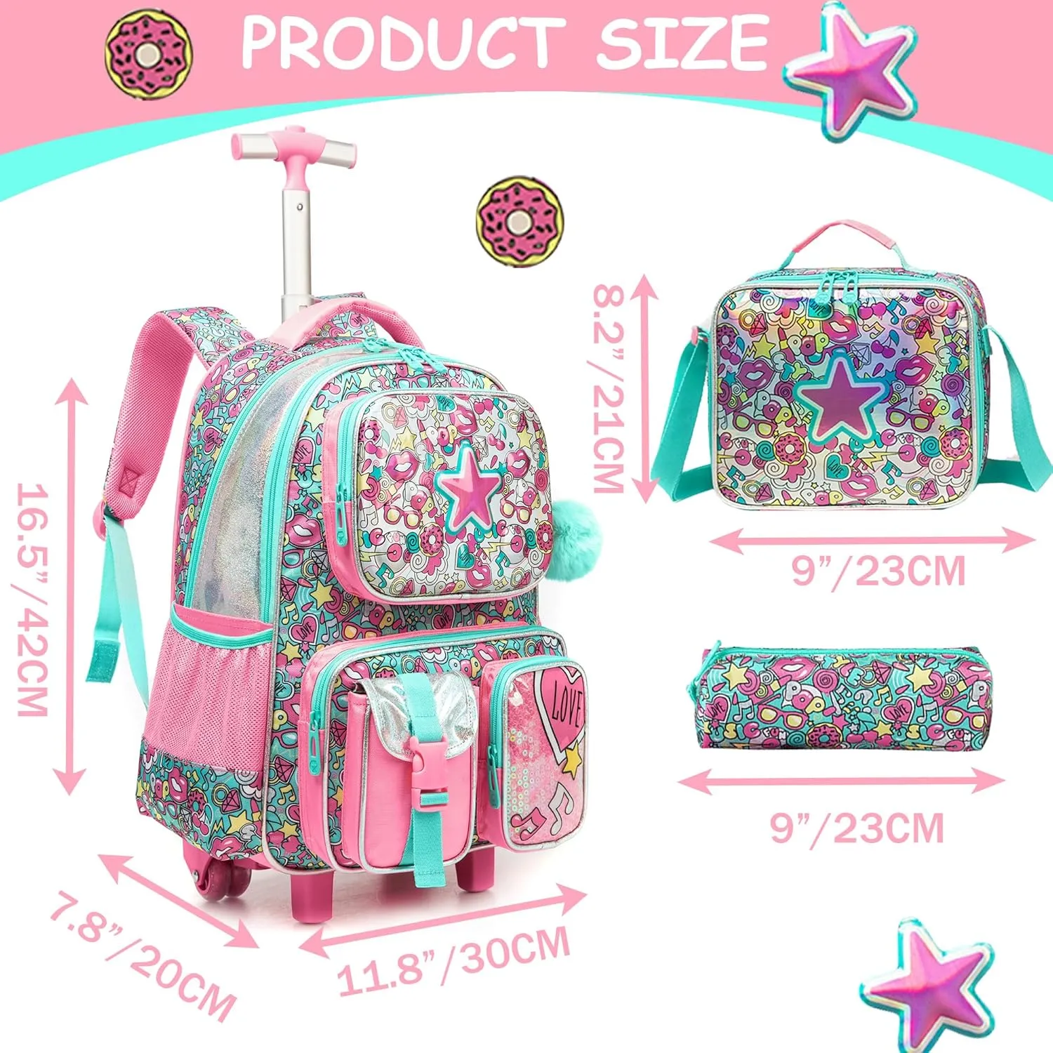 Meetbelify Kids Rolling Backpack with Wheels for Girls Rolling Backpacks with Lunch Box for Elementary School Students 3 in 1 Travel Luggage Suitcase for Girls Age 8-10