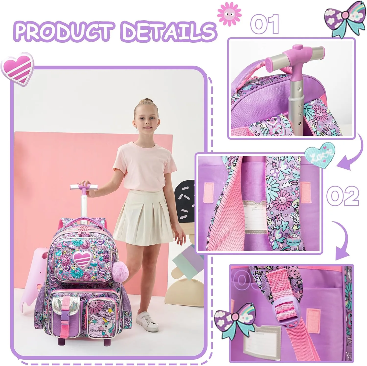 Meetbelify Kids Rolling Backpack with Wheels for Girls Rolling Backpacks with Lunch Box for Elementary School Students 3 in 1 Travel Luggage Suitcase for Girls Age 8-10