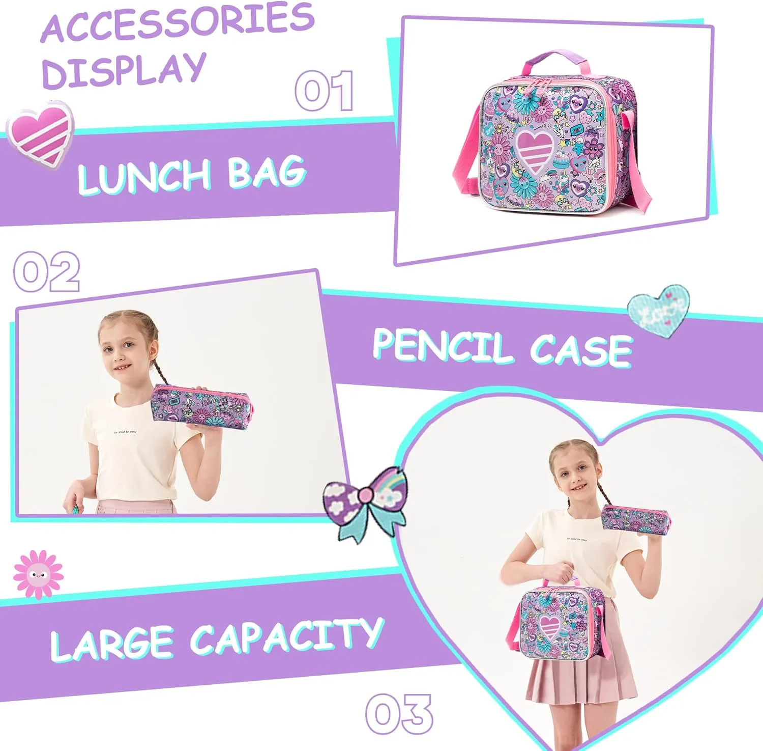 Meetbelify Kids Rolling Backpack with Wheels for Girls Rolling Backpacks with Lunch Box for Elementary School Students 3 in 1 Travel Luggage Suitcase for Girls Age 8-10