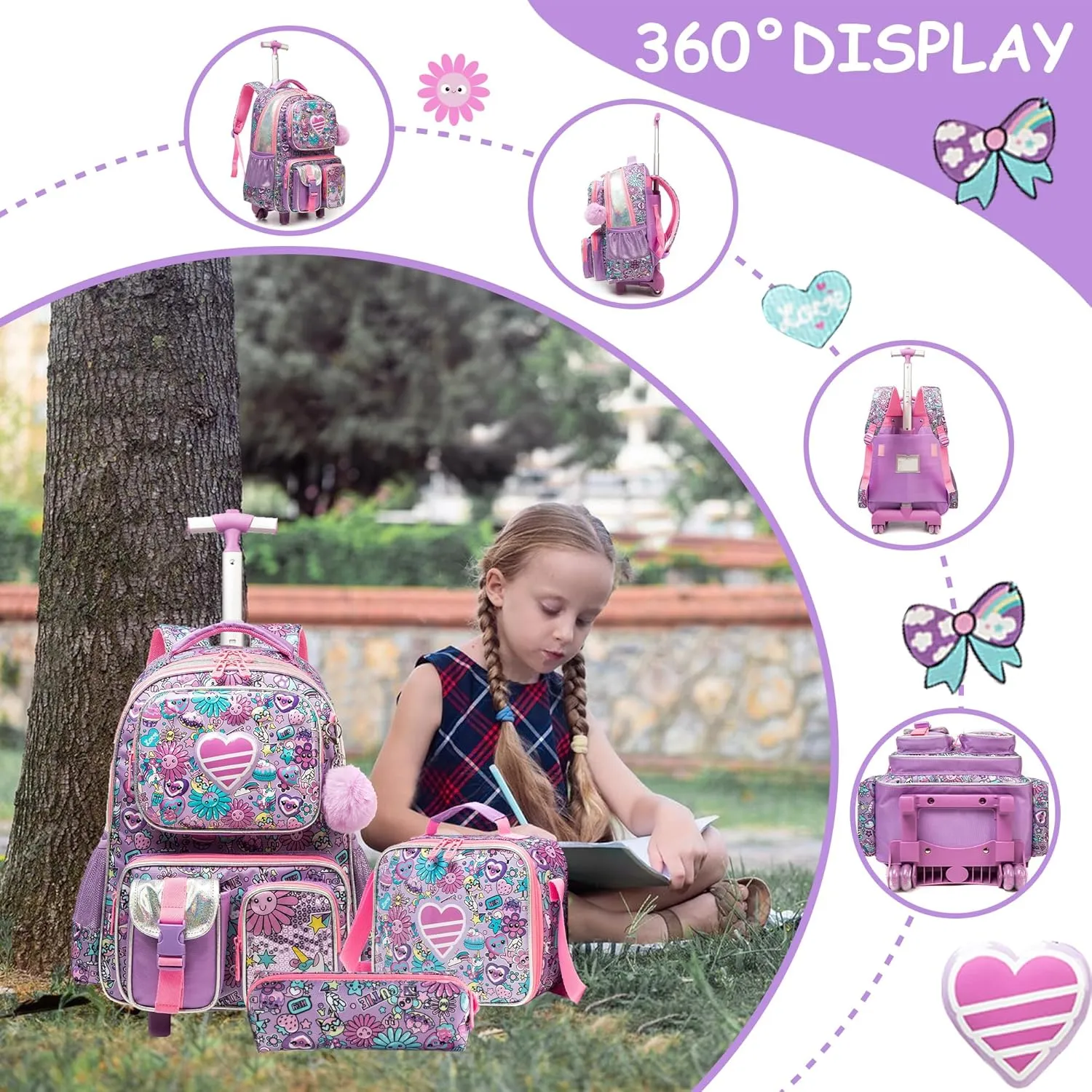 Meetbelify Kids Rolling Backpack with Wheels for Girls Rolling Backpacks with Lunch Box for Elementary School Students 3 in 1 Travel Luggage Suitcase for Girls Age 8-10