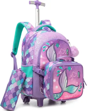 Meetbelify Mermaid Rolling Backpack for Girls Backpacks with Wheels for Elementary School Students Kids 3 in 1 Travel Luggage Suitcase with Lunch Box Pencil Case for Girls Age 8-10