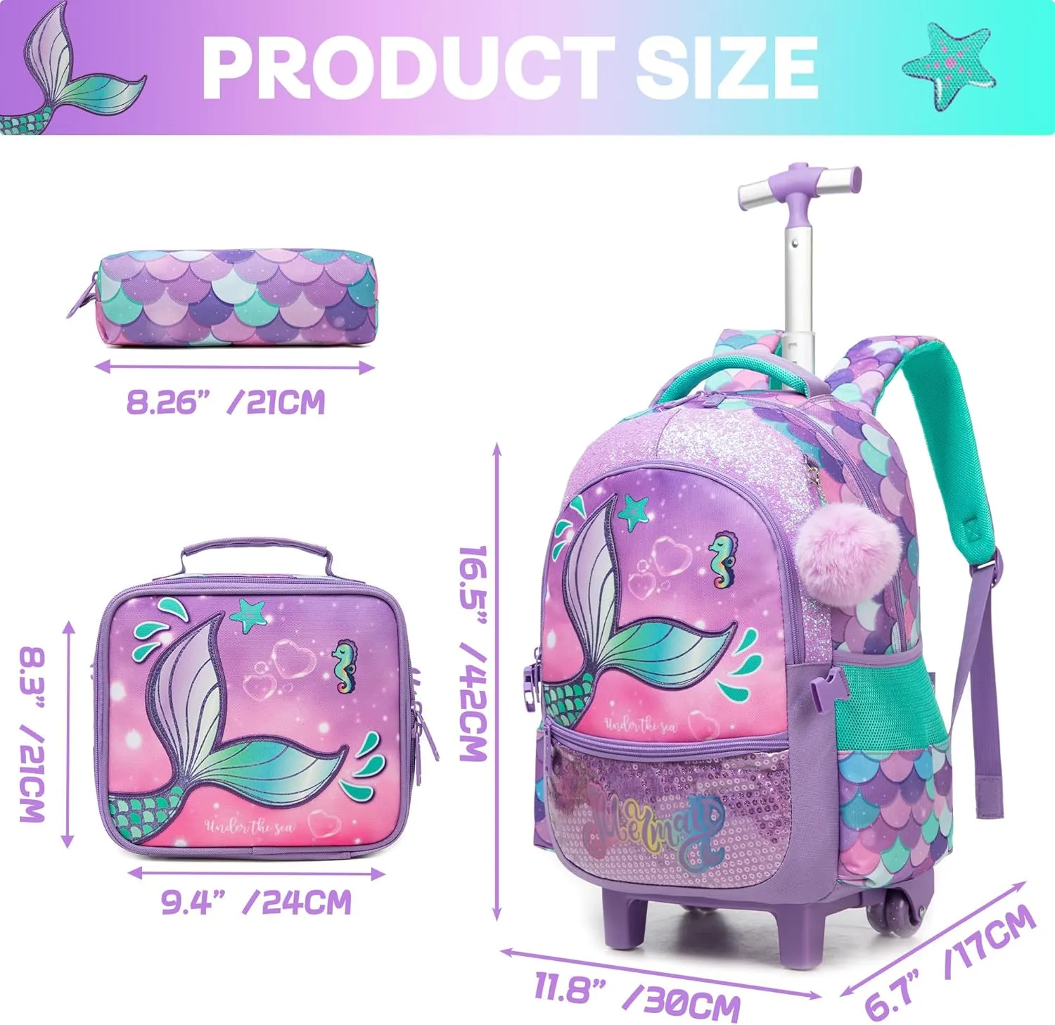 Meetbelify Mermaid Rolling Backpack for Girls Backpacks with Wheels for Elementary School Students Kids 3 in 1 Travel Luggage Suitcase with Lunch Box Pencil Case for Girls Age 8-10