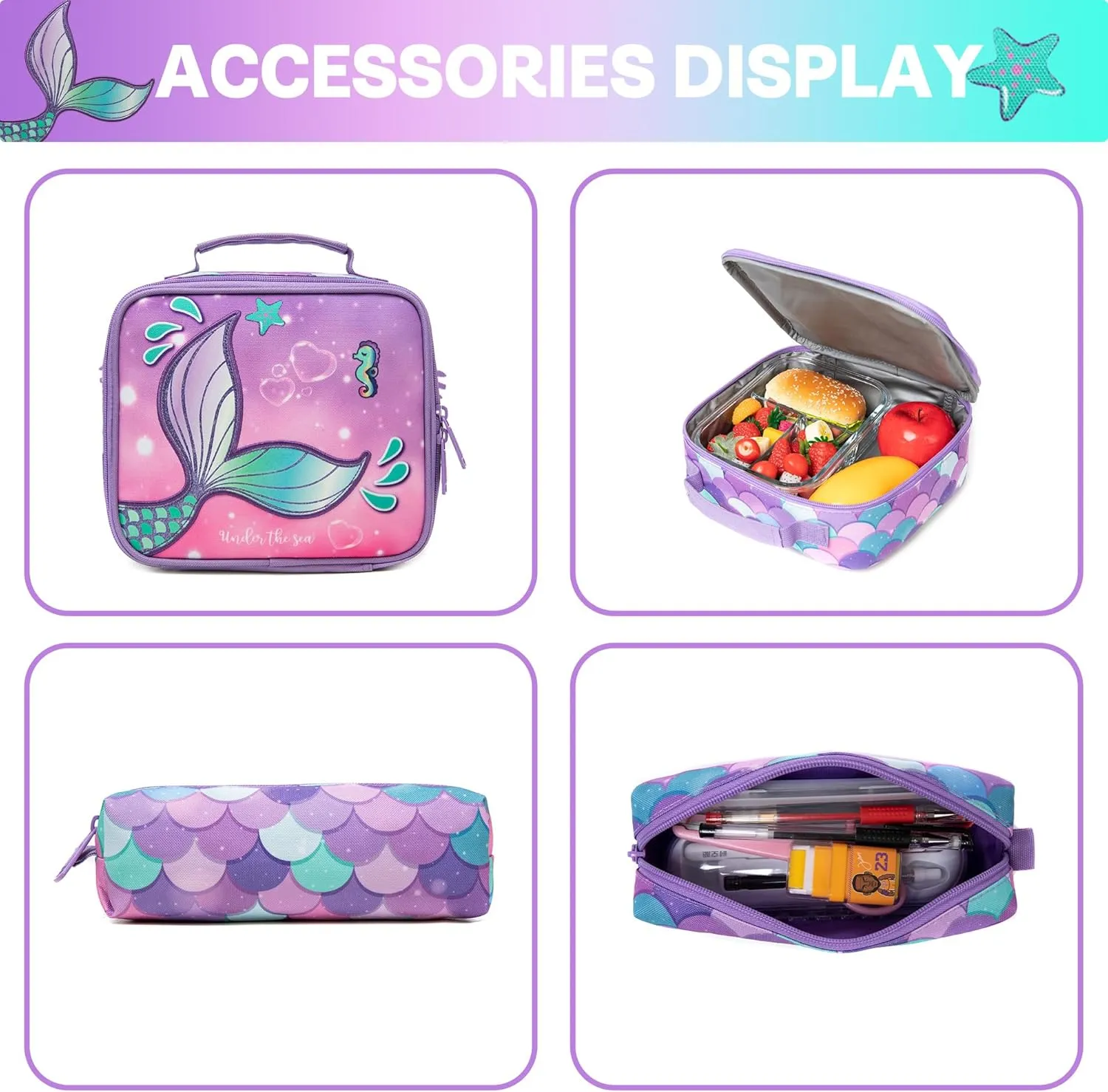 Meetbelify Mermaid Rolling Backpack for Girls Backpacks with Wheels for Elementary School Students Kids 3 in 1 Travel Luggage Suitcase with Lunch Box Pencil Case for Girls Age 8-10