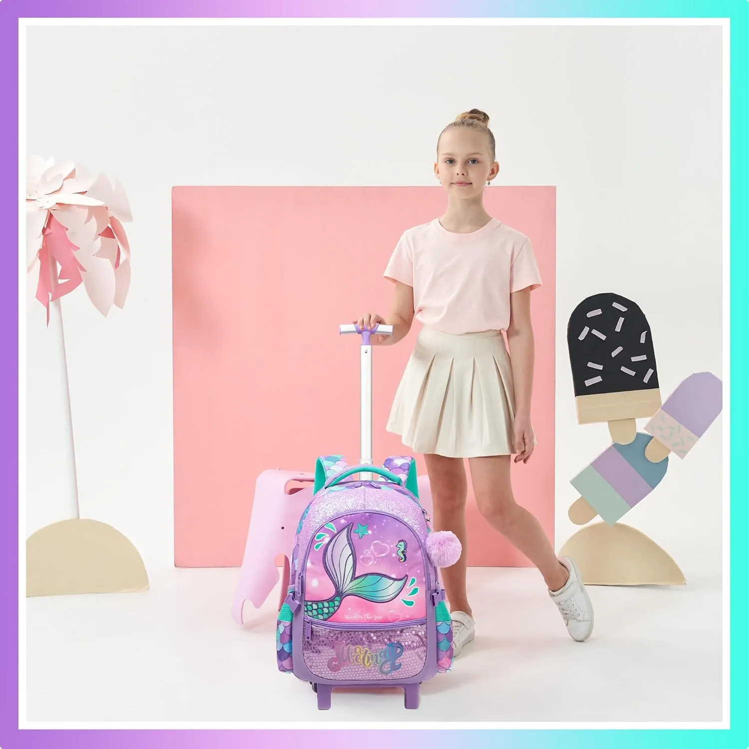 Meetbelify Mermaid Rolling Backpack for Girls Backpacks with Wheels for Elementary School Students Kids 3 in 1 Travel Luggage Suitcase with Lunch Box Pencil Case for Girls Age 8-10