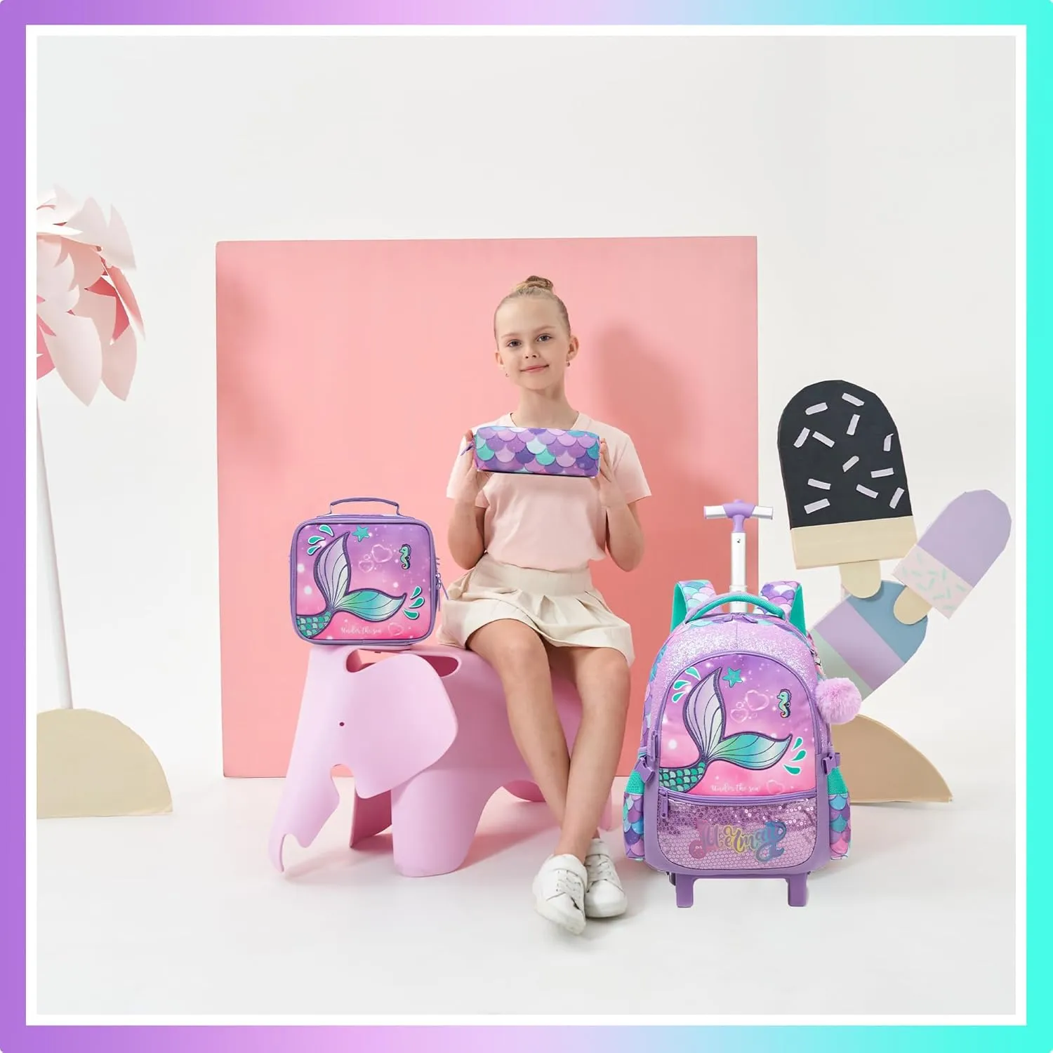 Meetbelify Mermaid Rolling Backpack for Girls Backpacks with Wheels for Elementary School Students Kids 3 in 1 Travel Luggage Suitcase with Lunch Box Pencil Case for Girls Age 8-10