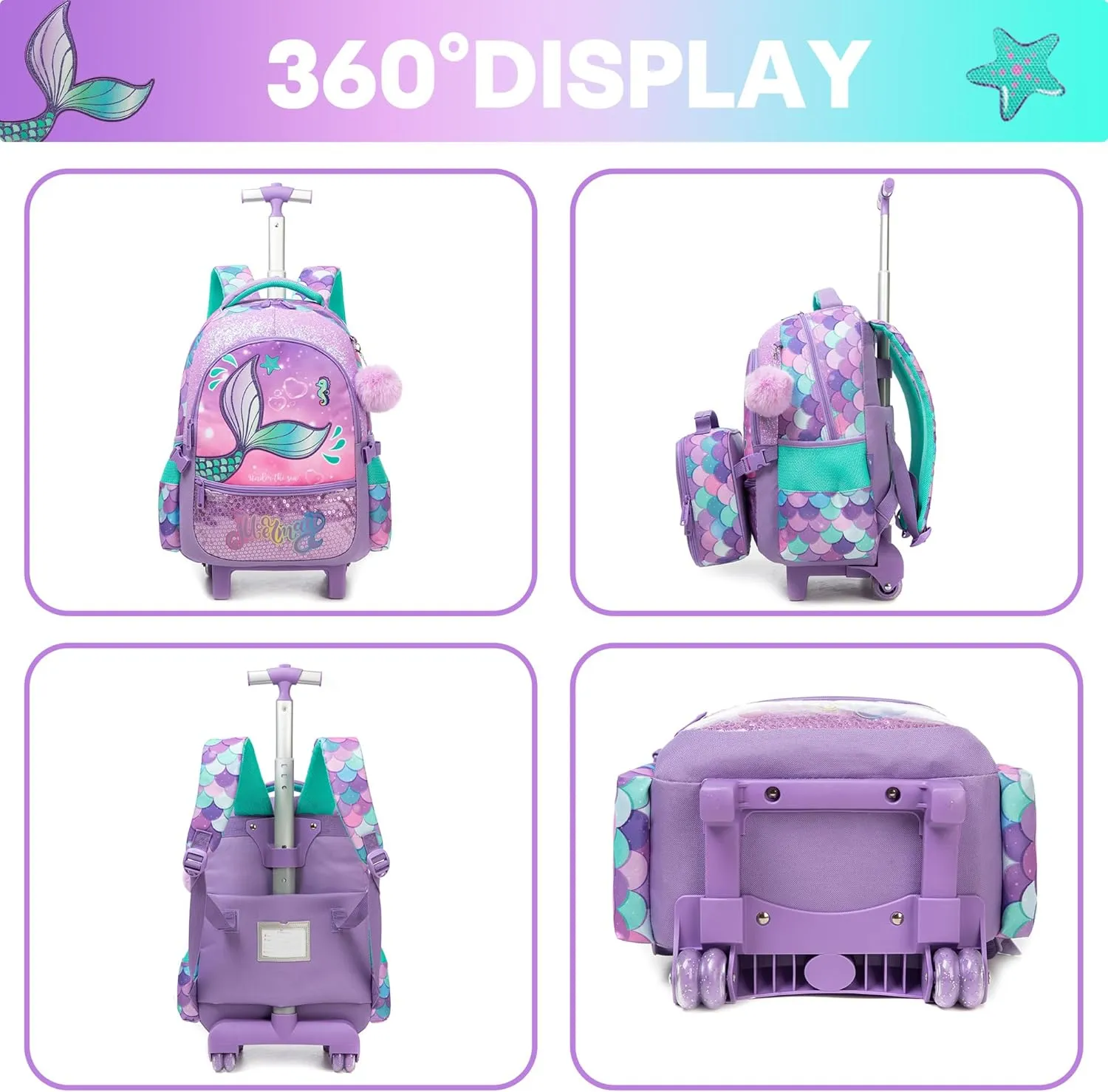 Meetbelify Mermaid Rolling Backpack for Girls Backpacks with Wheels for Elementary School Students Kids 3 in 1 Travel Luggage Suitcase with Lunch Box Pencil Case for Girls Age 8-10