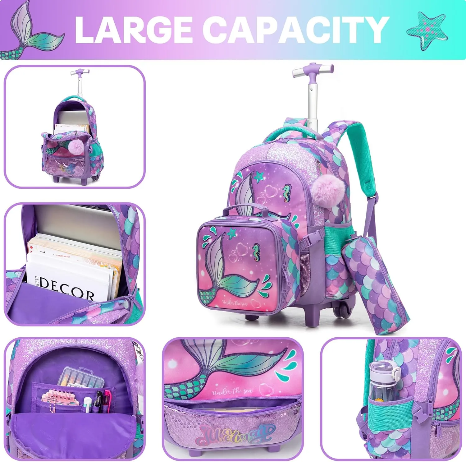 Meetbelify Mermaid Rolling Backpack for Girls Backpacks with Wheels for Elementary School Students Kids 3 in 1 Travel Luggage Suitcase with Lunch Box Pencil Case for Girls Age 8-10