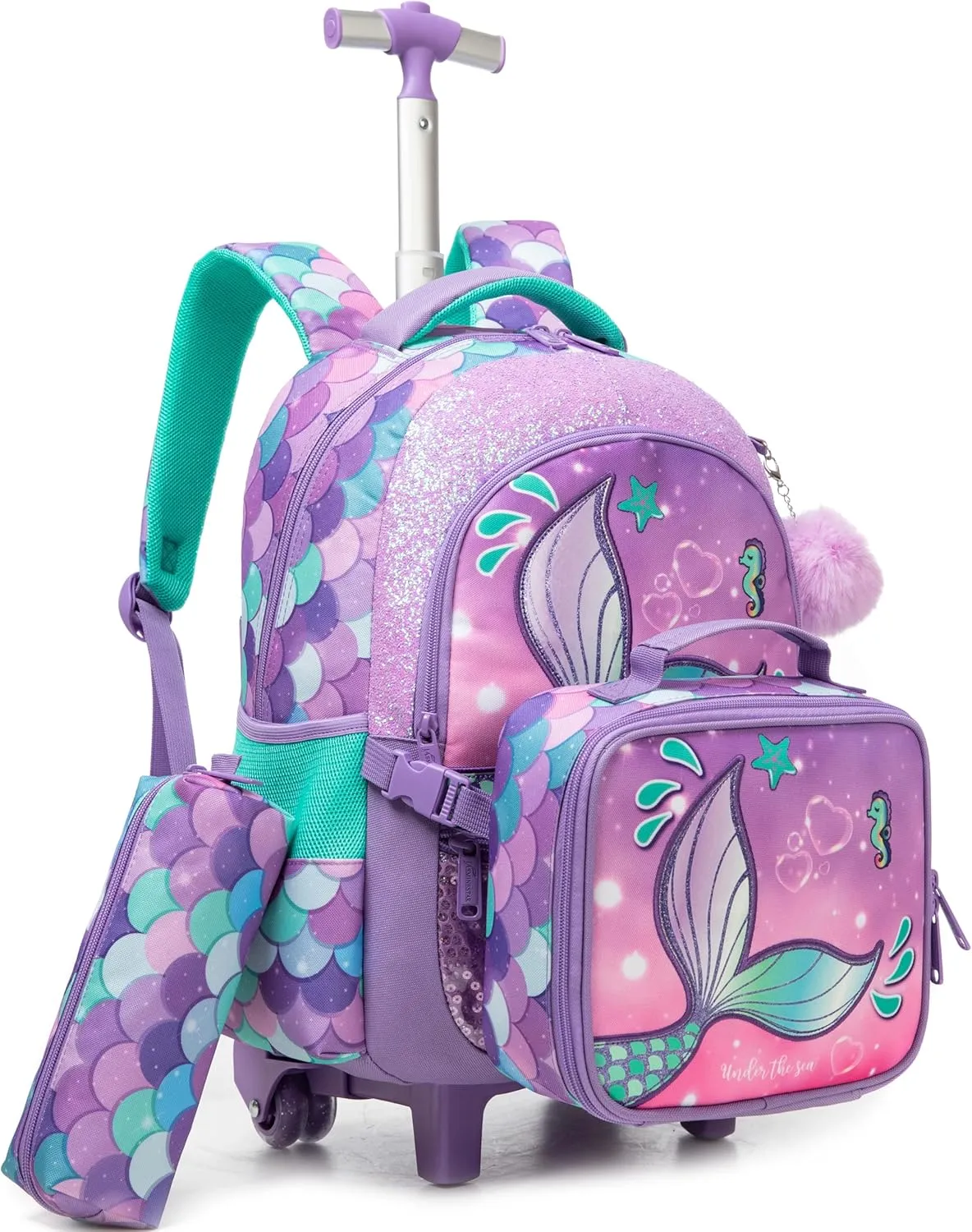 Meetbelify Mermaid Rolling Backpack for Girls Backpacks with Wheels for Elementary School Students Kids 3 in 1 Travel Luggage Suitcase with Lunch Box Pencil Case for Girls Age 8-10