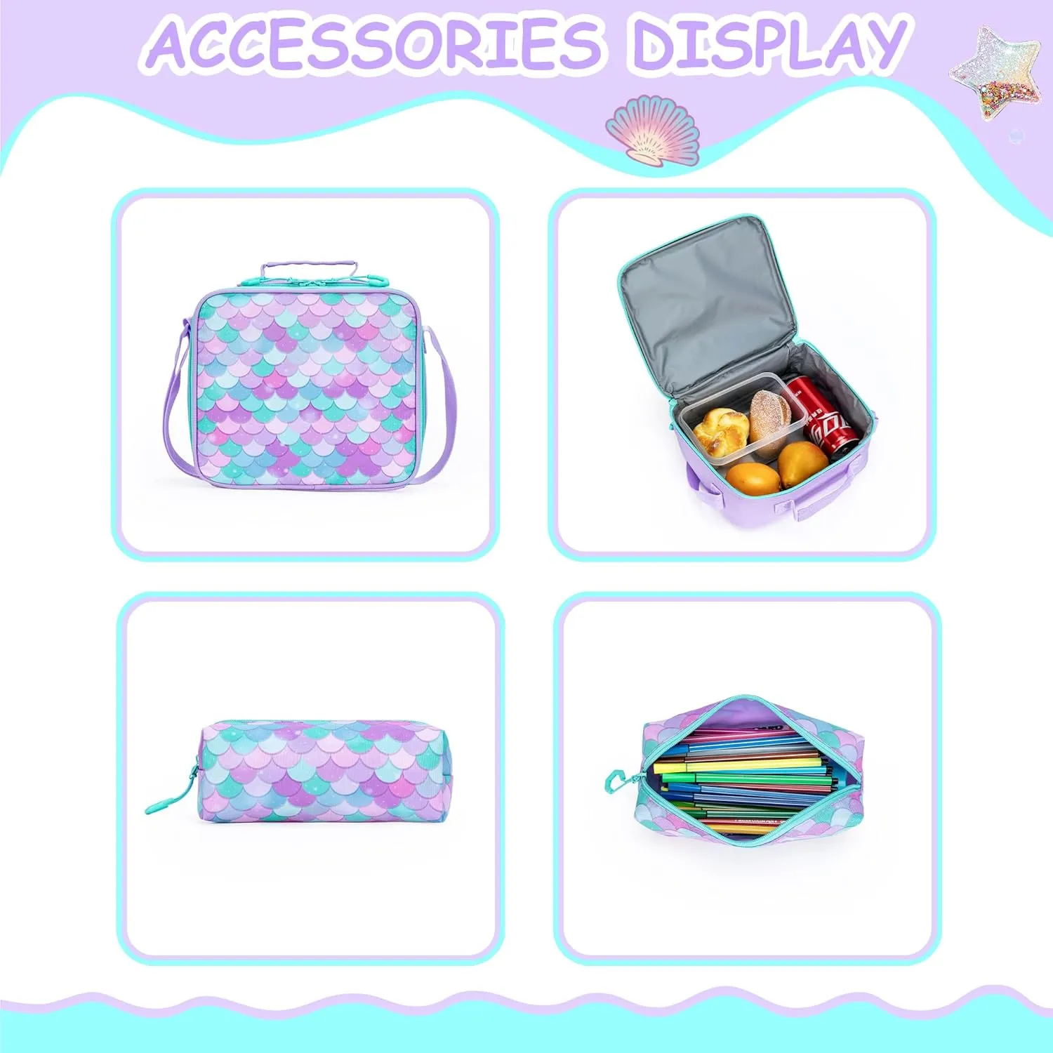 Meetbelify Mermaid Rolling Backpack for Kids - Cute Carry On with Wheels, Lunch Box & Pencil Case - Elementary Student to Teen Girls Luggage - Travel Suitcase