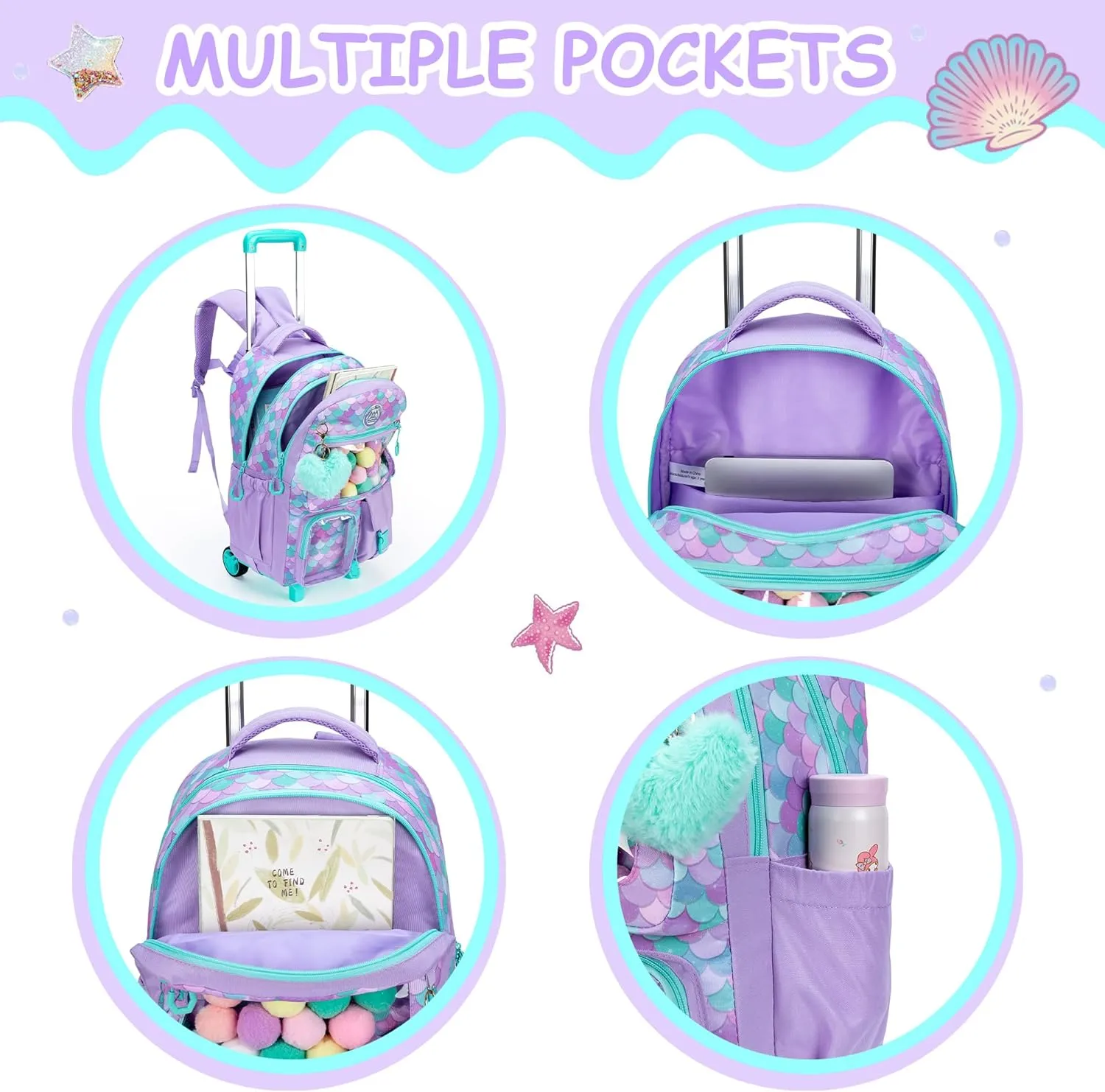 Meetbelify Mermaid Rolling Backpack for Kids - Cute Carry On with Wheels, Lunch Box & Pencil Case - Elementary Student to Teen Girls Luggage - Travel Suitcase